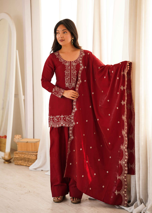 Deep Maroon Embroidered Kurta & Shalwar Set with Scalloped Dupatta