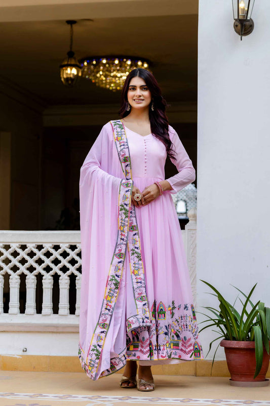 Pastel Pink Georgette Anarkali Gown Set with Traditional Folk Art Border