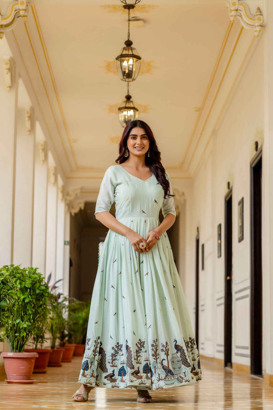 Mint Green Georgette Anarkali Gown Set with Peacock Border