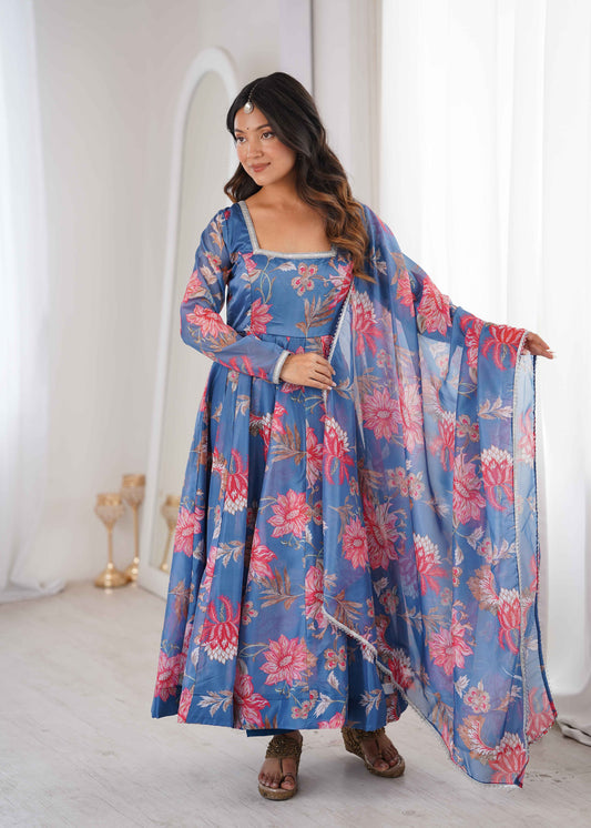 Royal Blue Floral Printed Anarkali Suit with Dupatta Set
