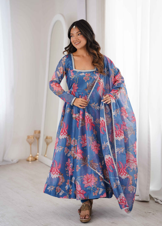 Royal Blue Floral Printed Anarkali Suit with Dupatta Set