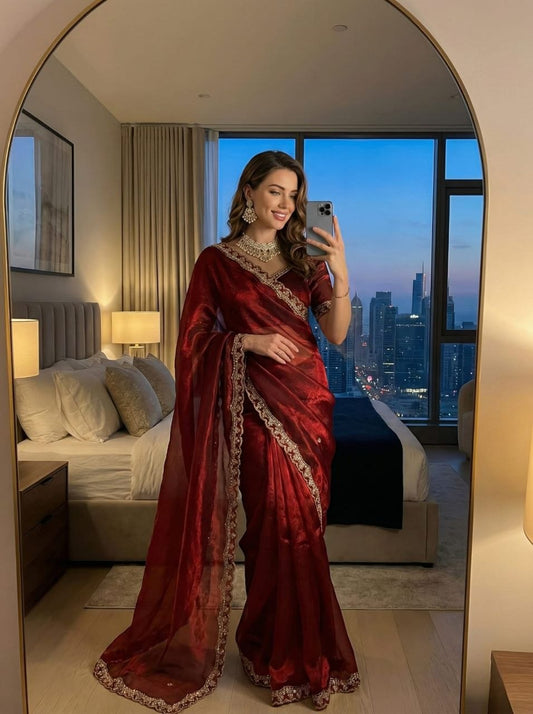 Ruhani Wine Satin Fendy Saree