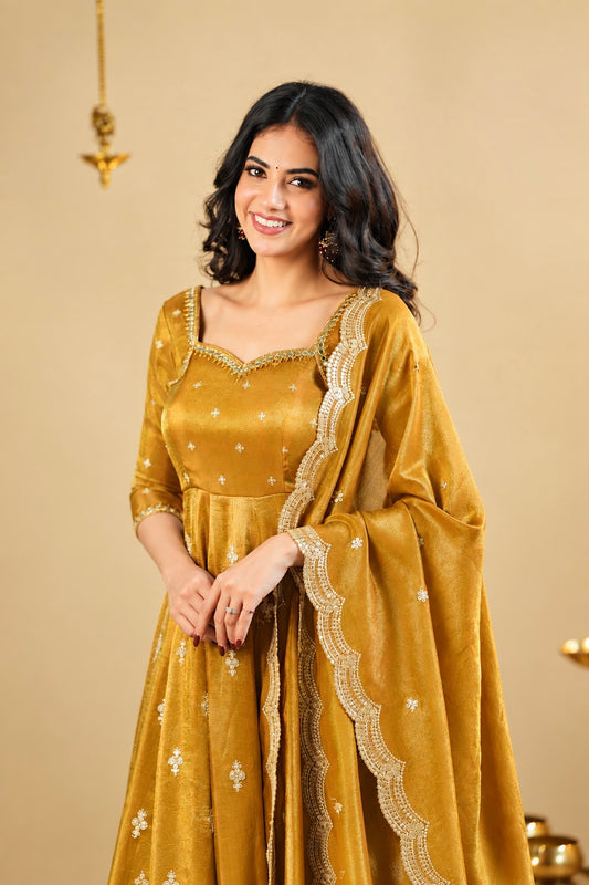 Mustard Yellow Sweetheart Neck Sequin Embroidered Anarkali Suit Set