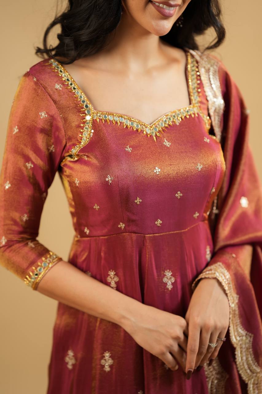 Rust Sweetheart Neck Sequin Embroidered Anarkali Suit Set