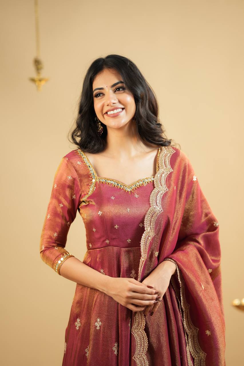 Rust Sweetheart Neck Sequin Embroidered Anarkali Suit Set