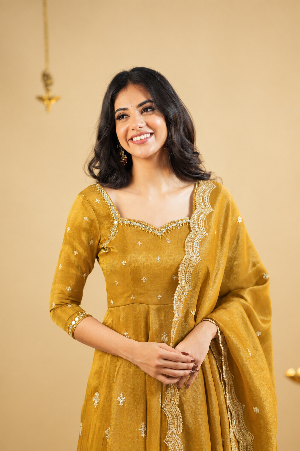 Mustard Yellow Sweetheart Neck Sequin Embroidered Anarkali Suit Set
