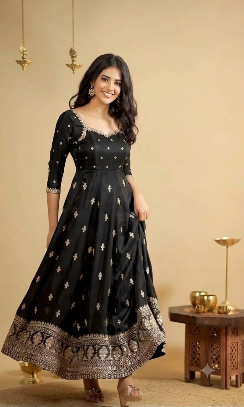Black Sweetheart Neck Sequin Embroidered Anarkali Suit Set