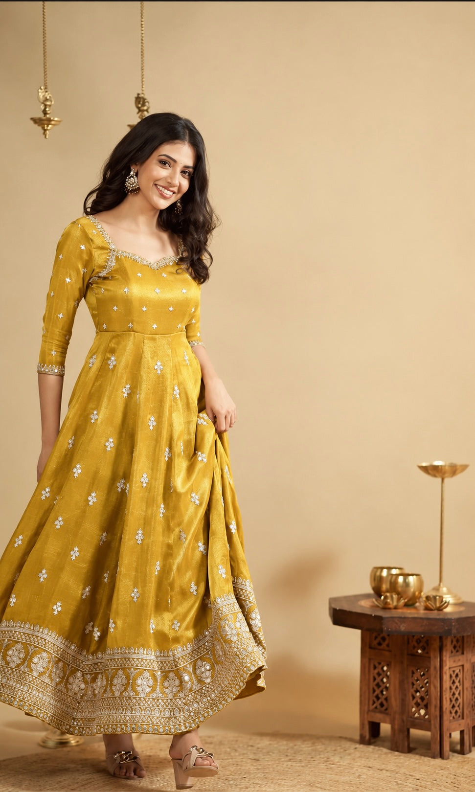 Mustard Yellow Sweetheart Neck Sequin Embroidered Anarkali Suit Set
