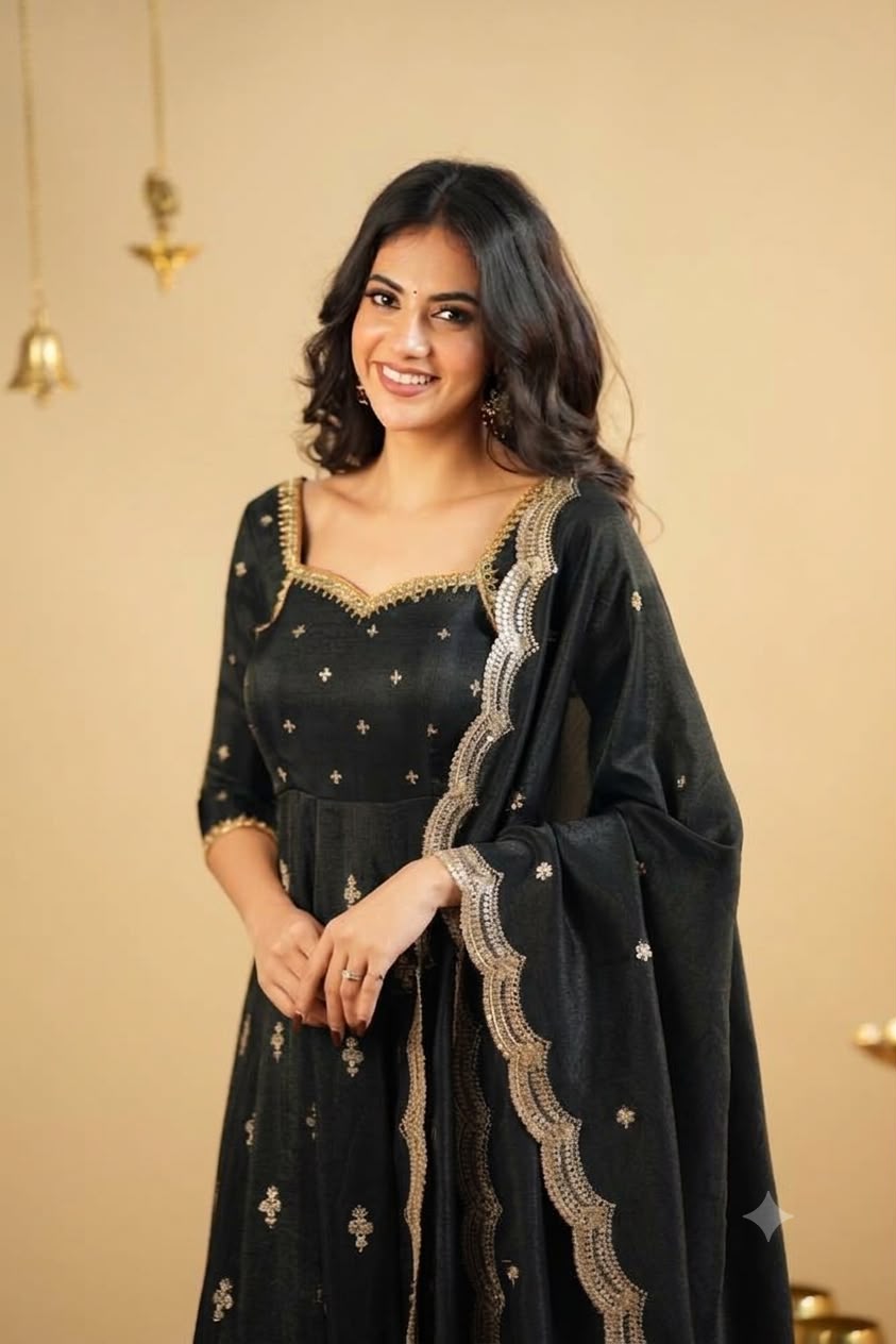 Black Sweetheart Neck Sequin Embroidered Anarkali Suit Set