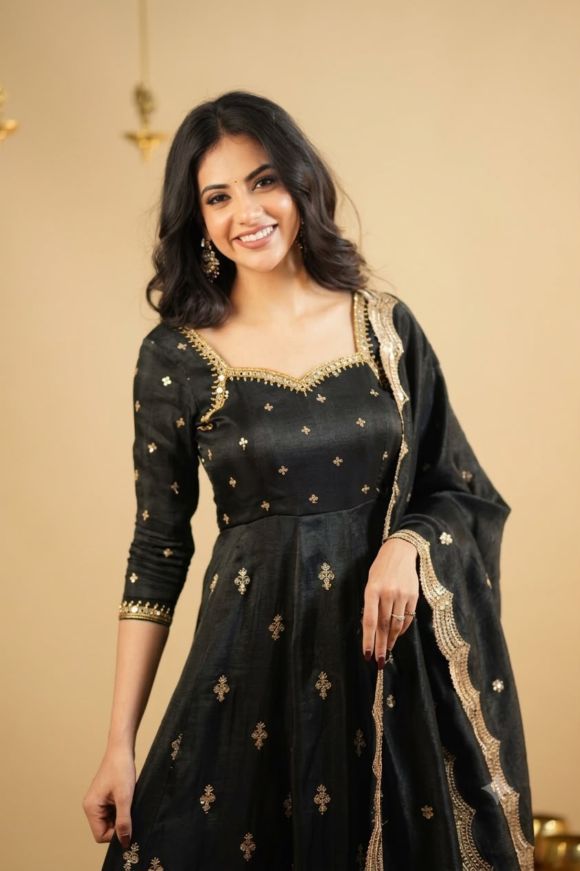 Black Sweetheart Neck Sequin Embroidered Anarkali Suit Set