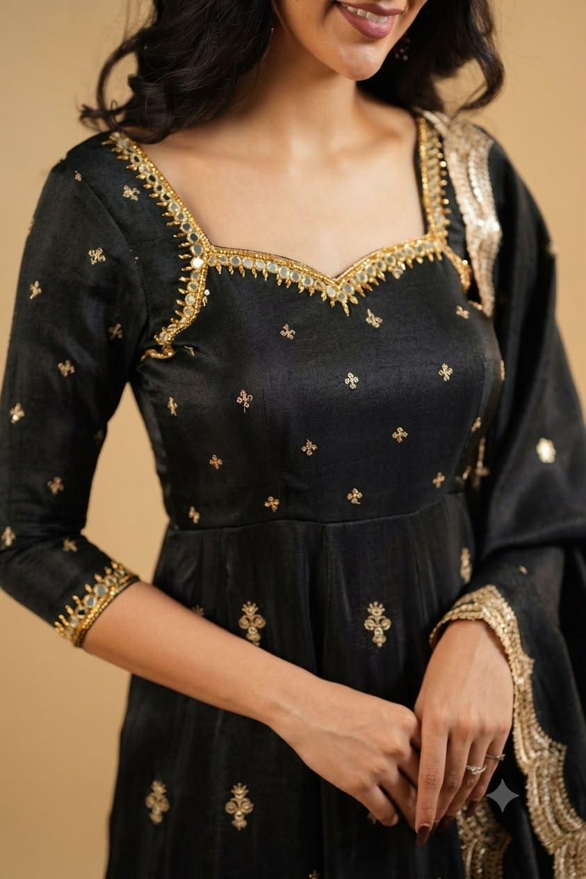 Black Sweetheart Neck Sequin Embroidered Anarkali Suit Set