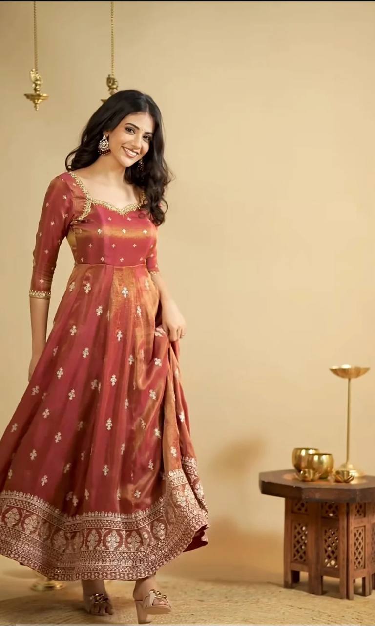 Rust Sweetheart Neck Sequin Embroidered Anarkali Suit Set