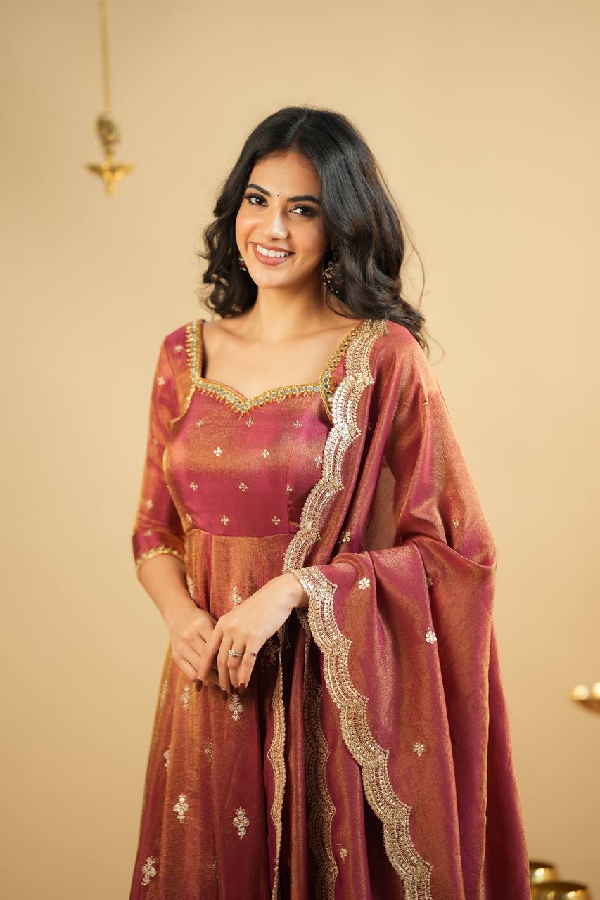 Rust Sweetheart Neck Sequin Embroidered Anarkali Suit Set