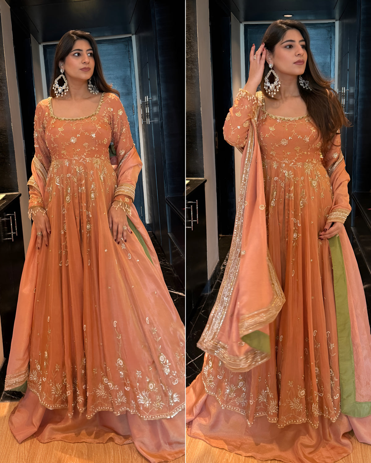Peach Star Georgette Anarkali Suit Set with Lehenga