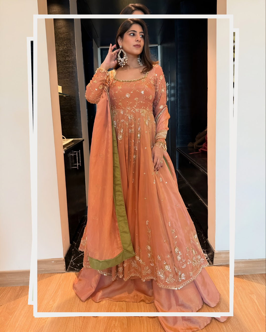 Peach Star Georgette Anarkali Suit Set with Lehenga