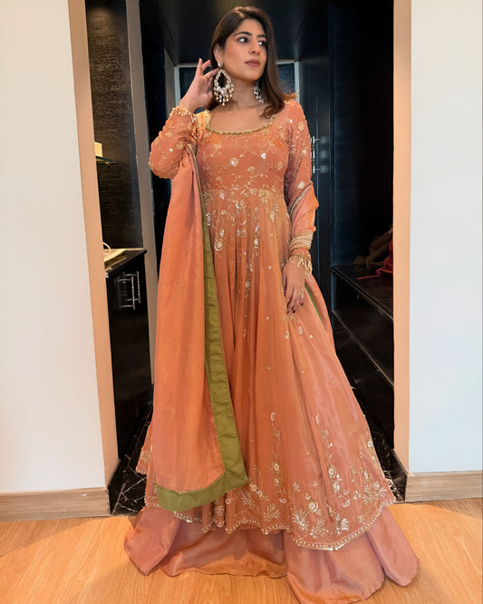 Peach Star Georgette Anarkali Suit Set with Lehenga