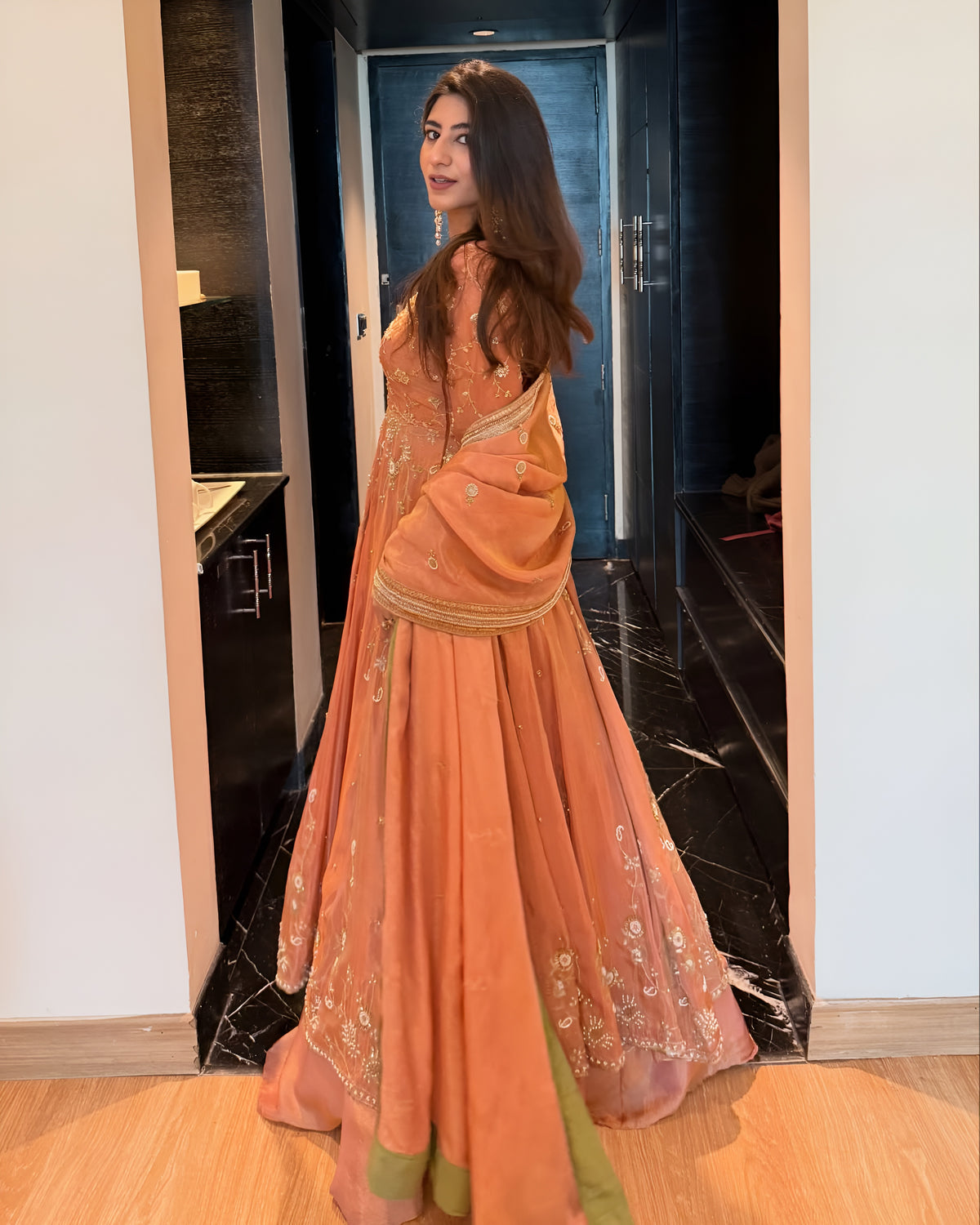 Peach Star Georgette Anarkali Suit Set with Lehenga