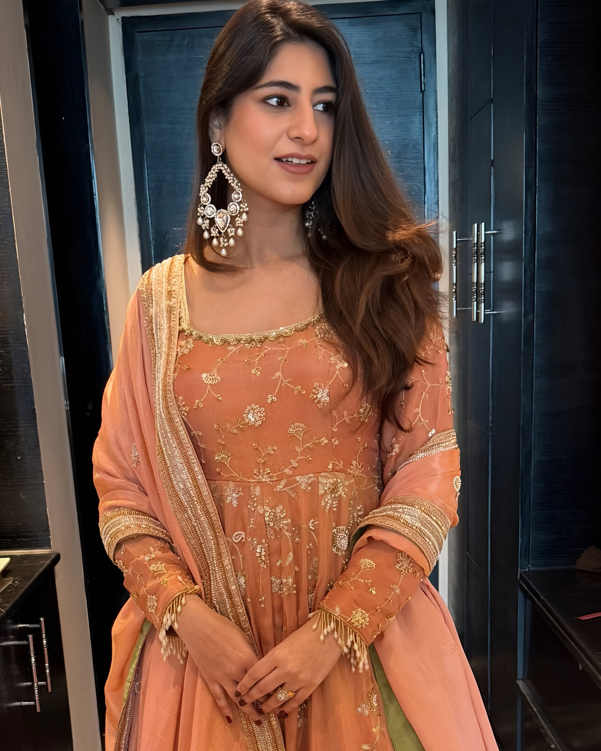 Peach Star Georgette Anarkali Suit Set with Lehenga