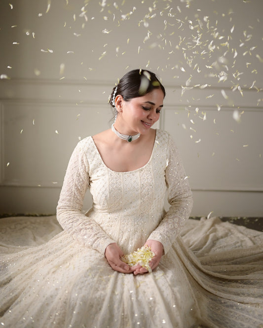 Premium Off-White Lucknowi Chikankari Georgette Anarkali Gown Set