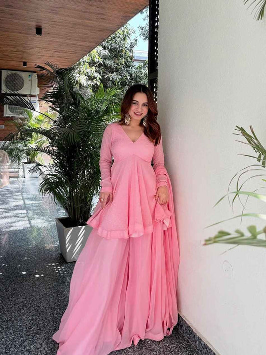Premium Baby Pink Faux Blooming Sharara Suit Set with Heavy Foil Work