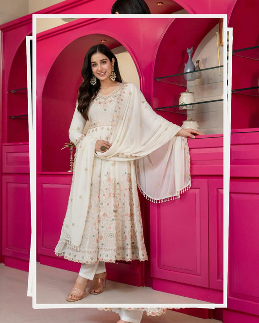 Off-White Georgette Embroidered Anarkali Suit Set with Pants