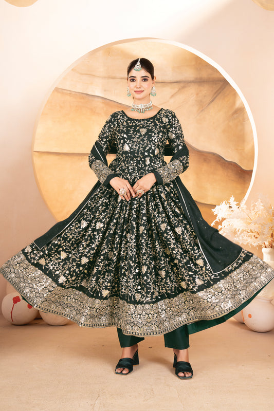 Dark Green Star Georgette Sequin Anarkali Suit Set