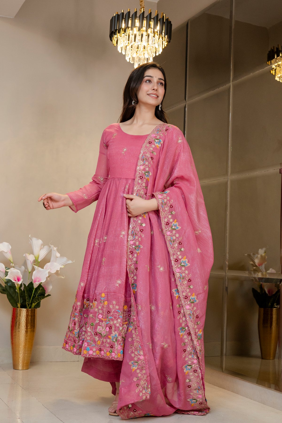 Pink Crunchy Silk Embroidered Anarkali Gown Set