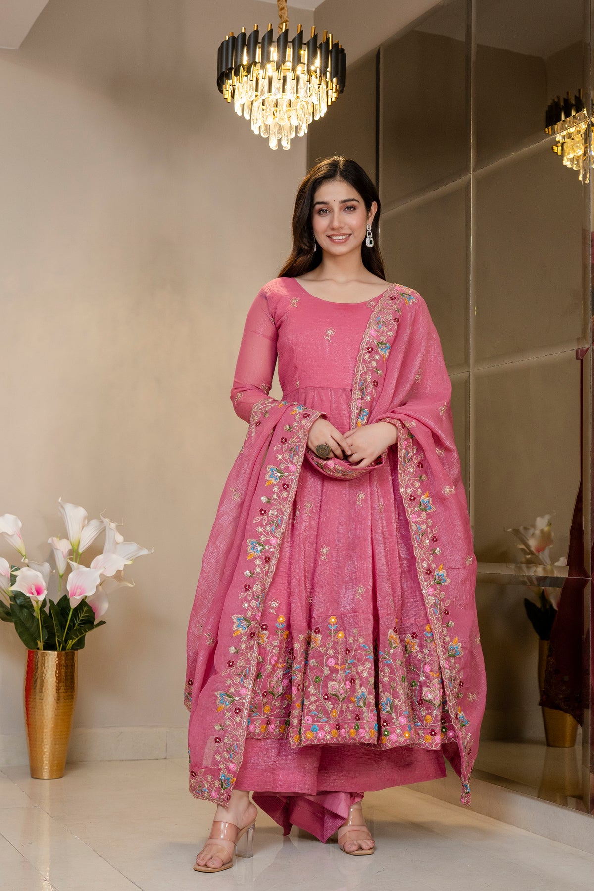 Pink Crunchy Silk Embroidered Anarkali Gown Set