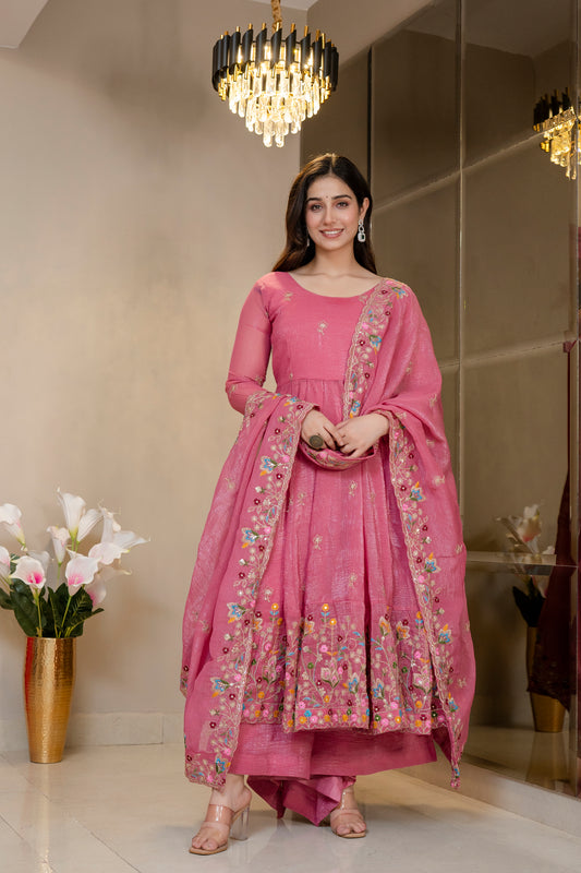 Pink Crunchy Silk Embroidered Anarkali Gown Set