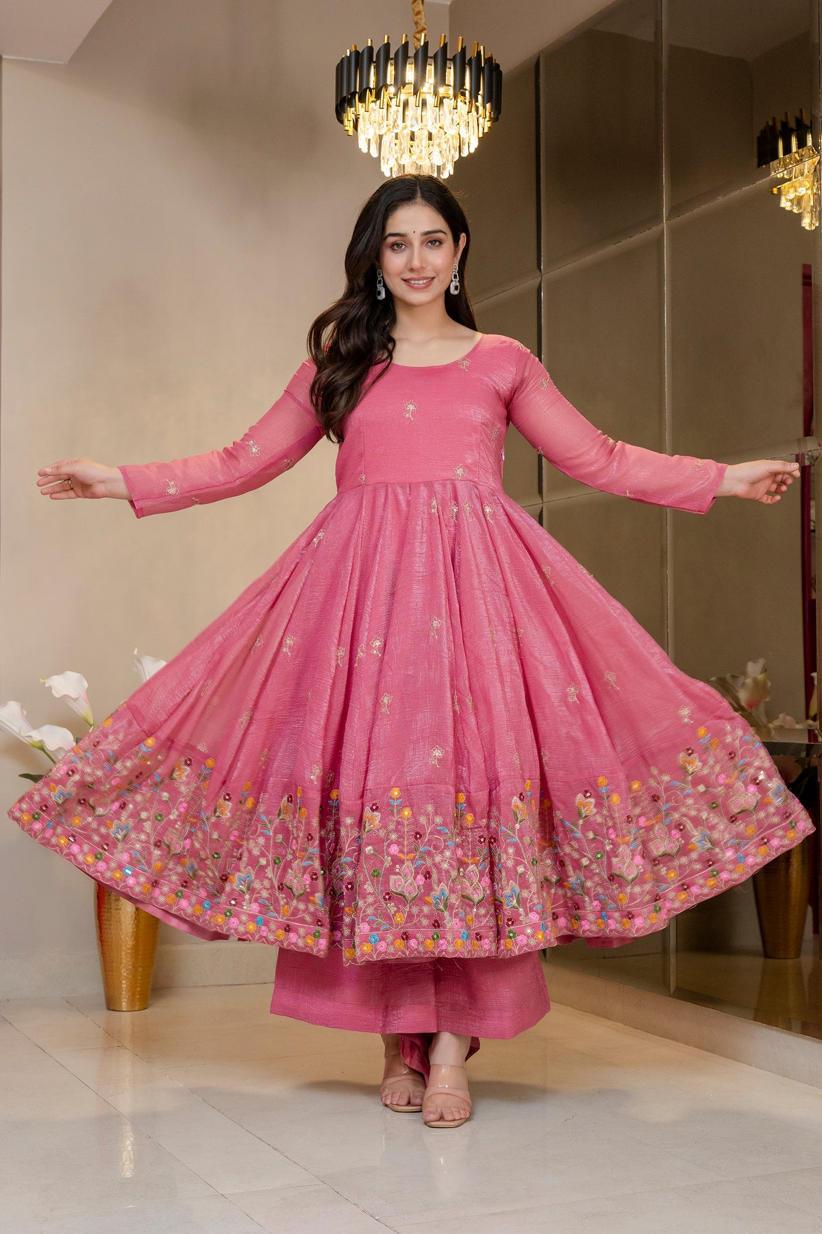 Pink Crunchy Silk Embroidered Anarkali Gown Set
