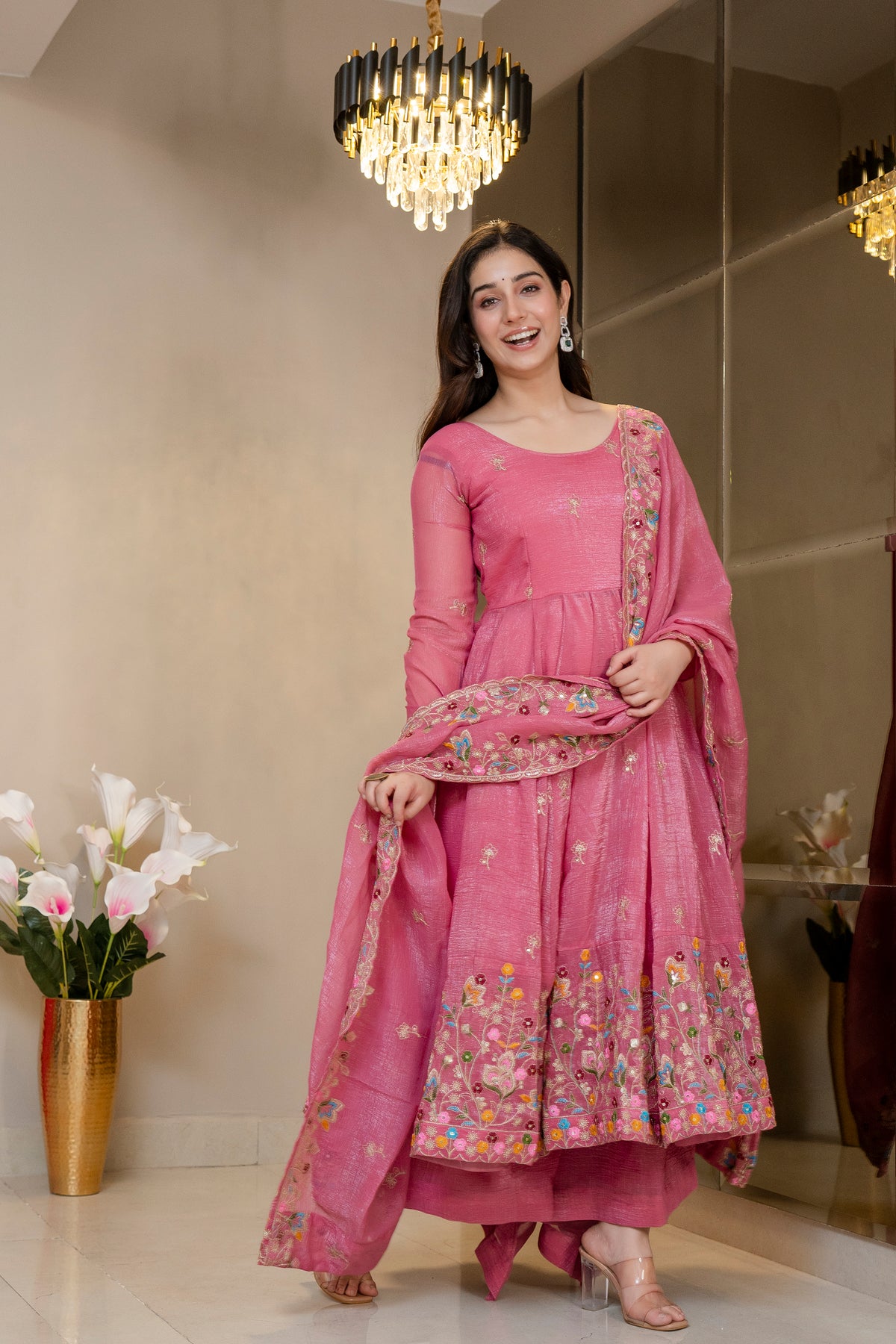 Pink Crunchy Silk Embroidered Anarkali Gown Set