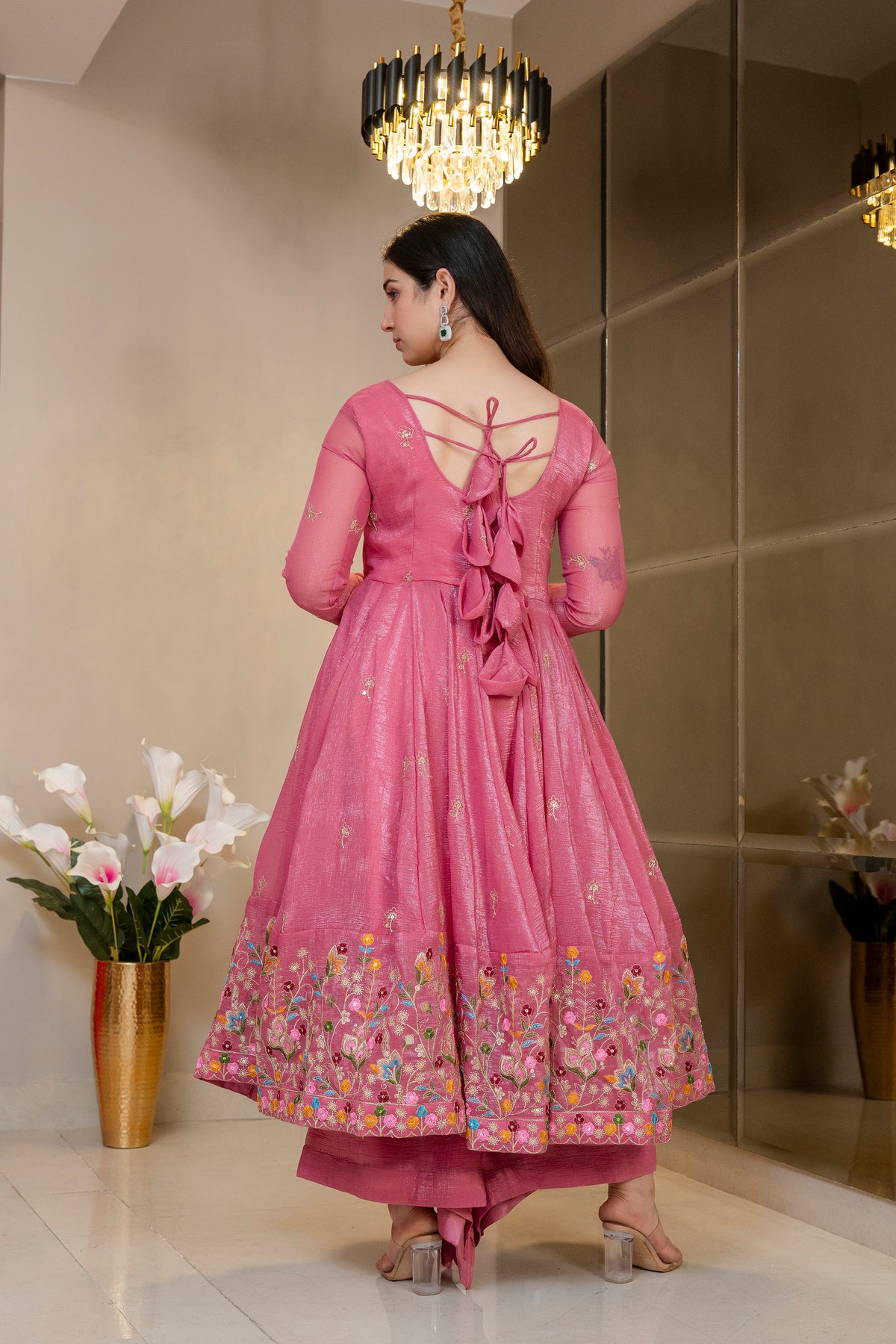 Pink Crunchy Silk Embroidered Anarkali Gown Set back view