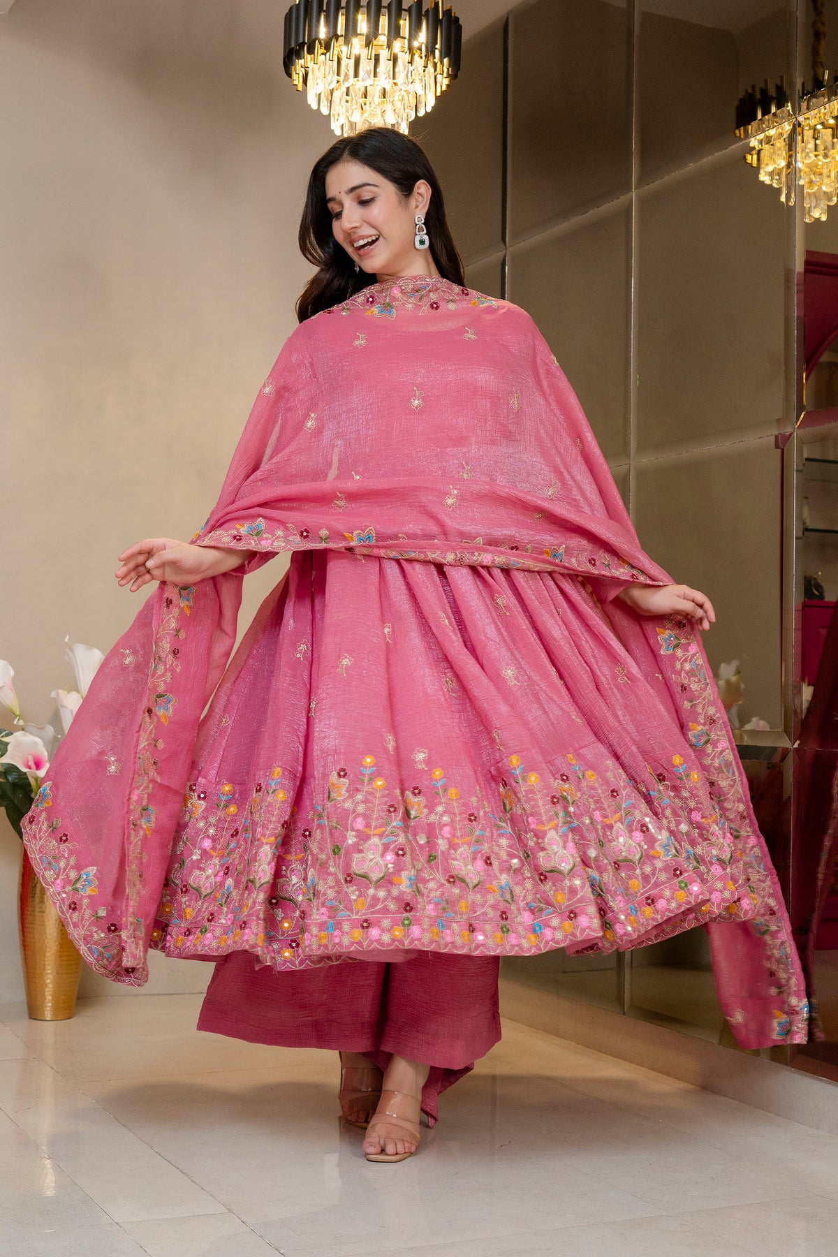 Pink Crunchy Silk Embroidered Anarkali Gown Set