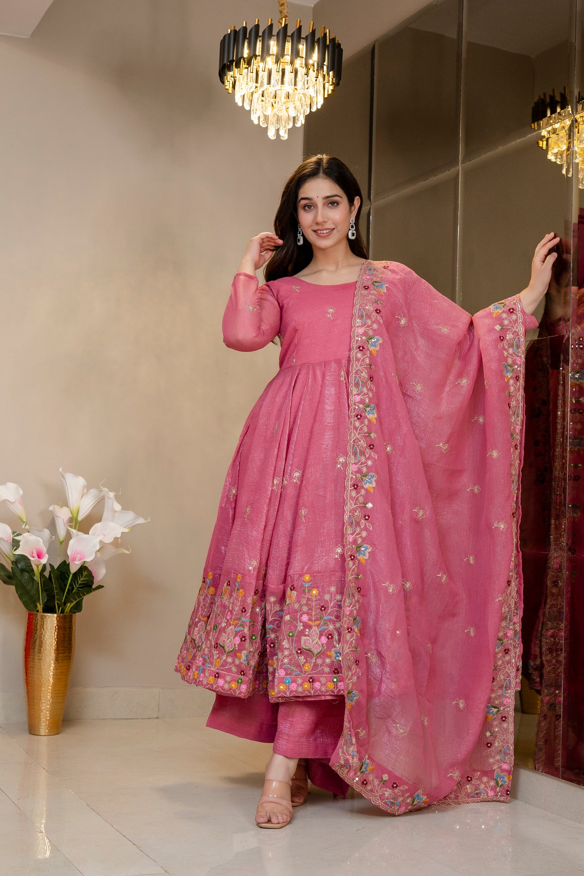 Pink Crunchy Silk Embroidered Anarkali Gown Set