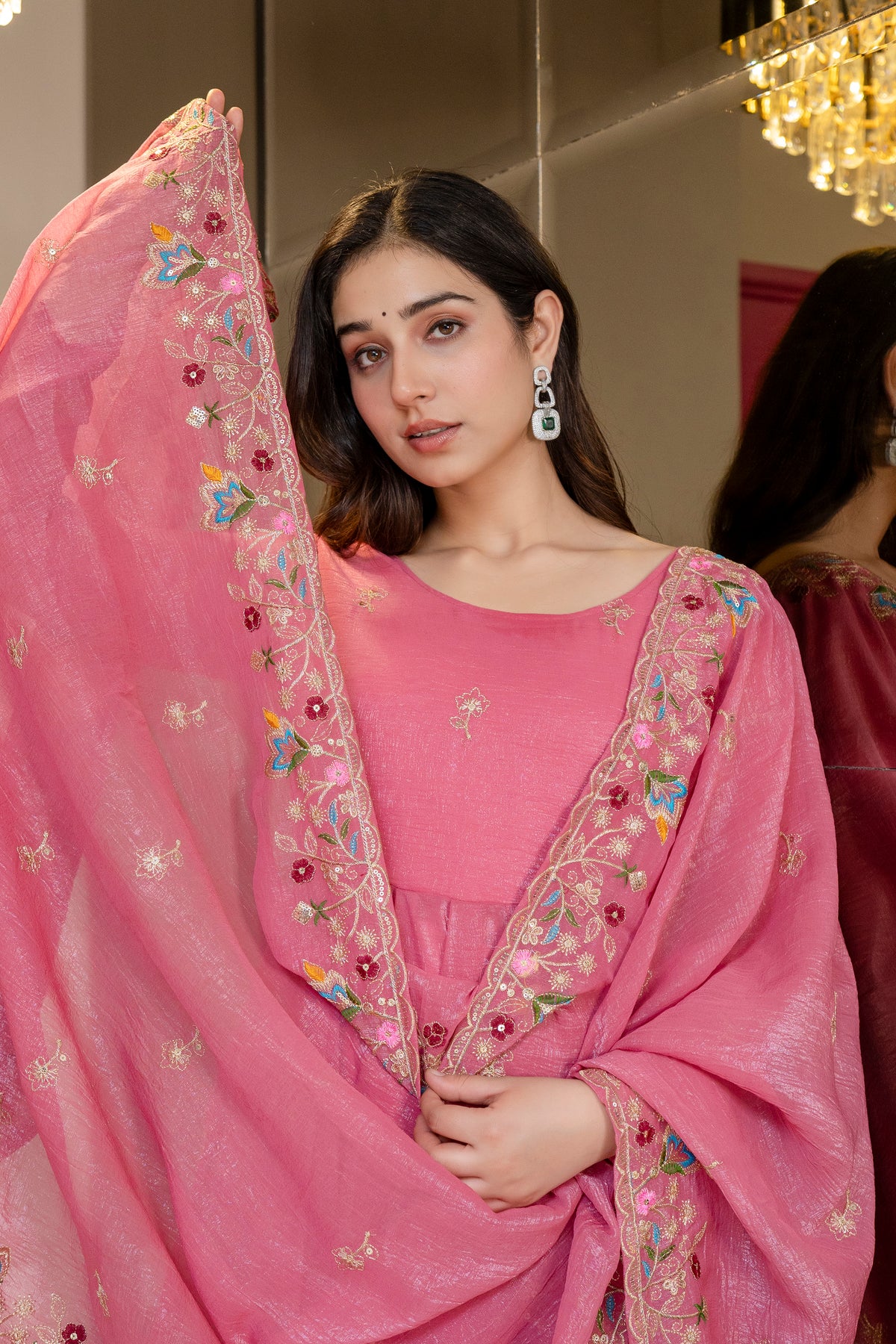 Pink Crunchy Silk Embroidered Anarkali Gown Set dupatta close-up