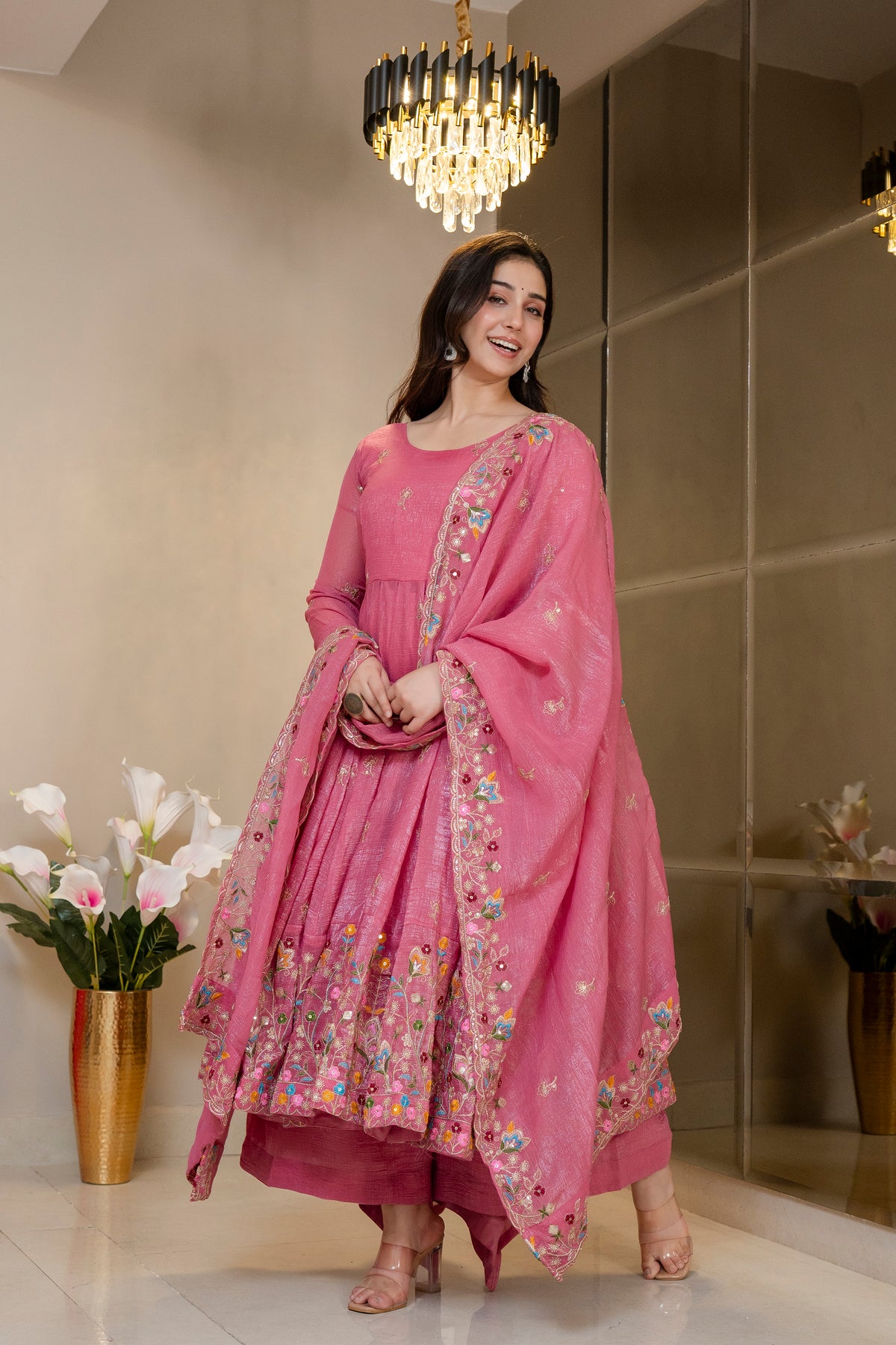 Pink Crunchy Silk Embroidered Anarkali Gown Set