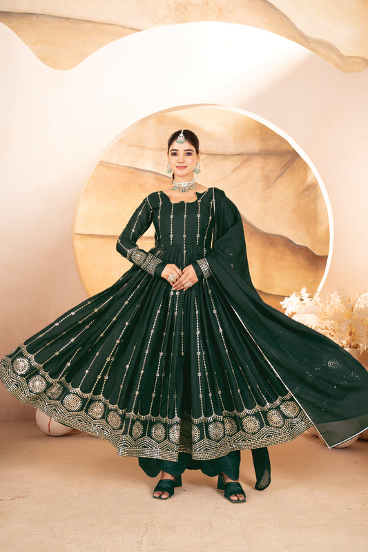Dark green sequin stripe anarkali suit with dupatta
