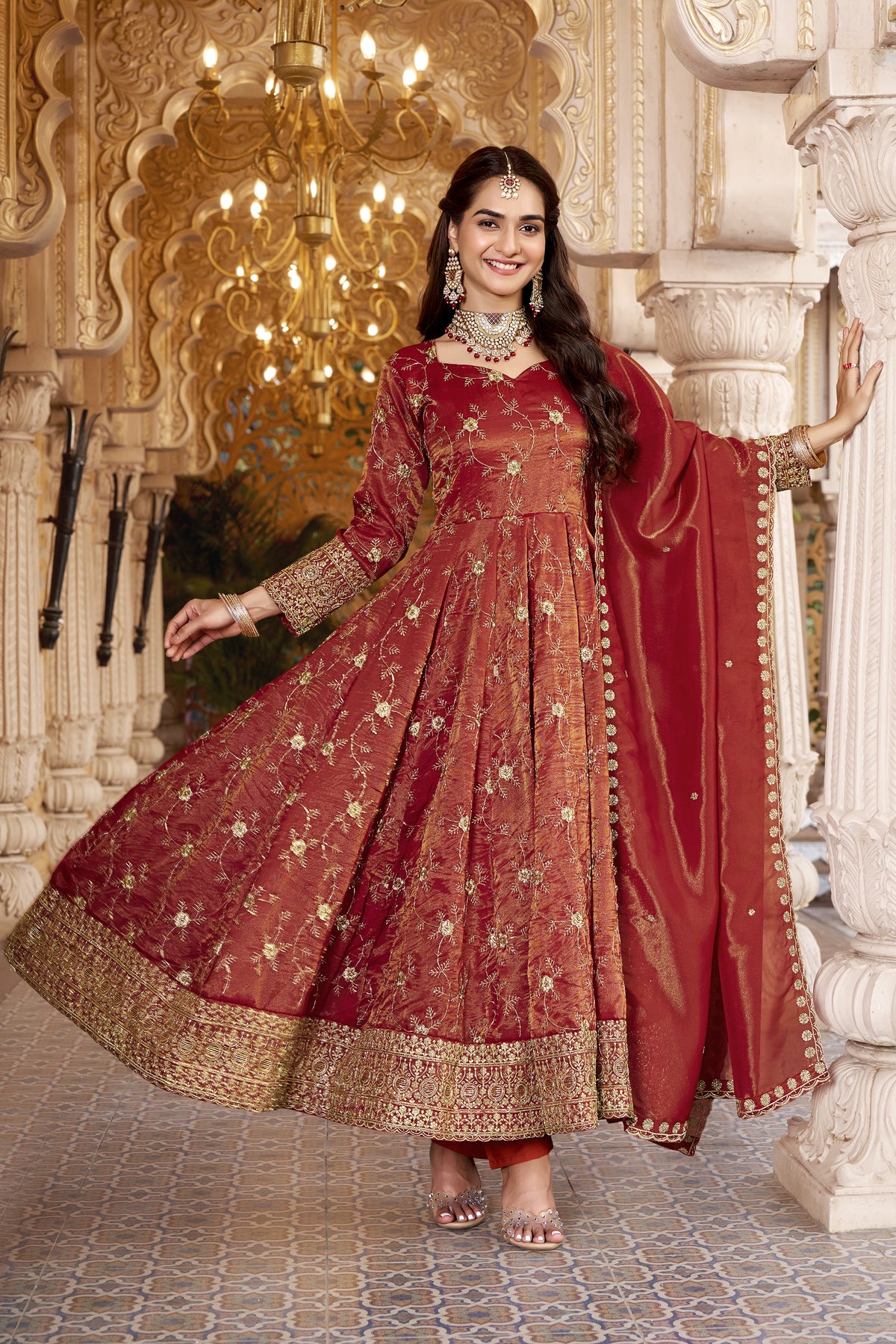 Rust Heavy Cosmos Sequin Embroidered Anarkali Suit Set