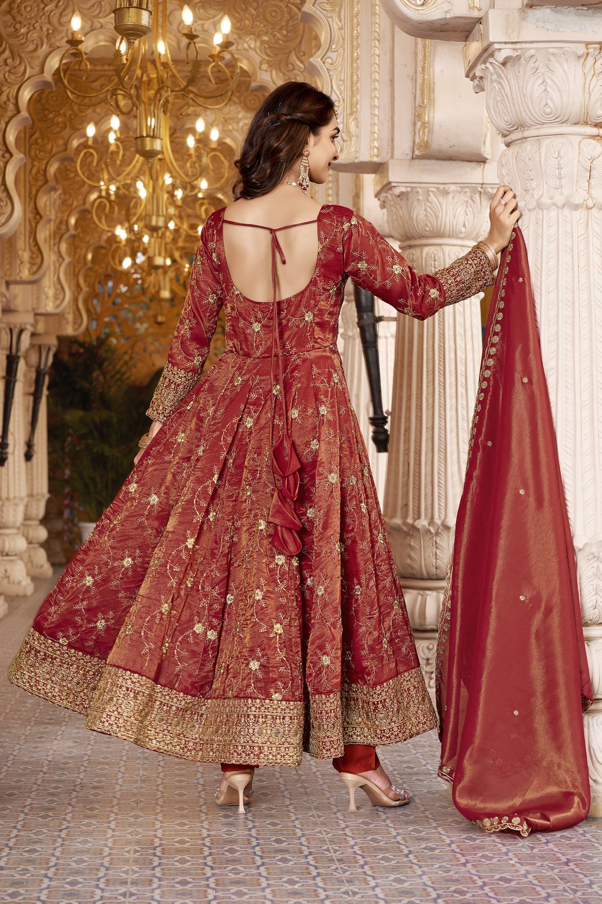 Rust Heavy Cosmos Sequin Embroidered Anarkali Suit Set back view