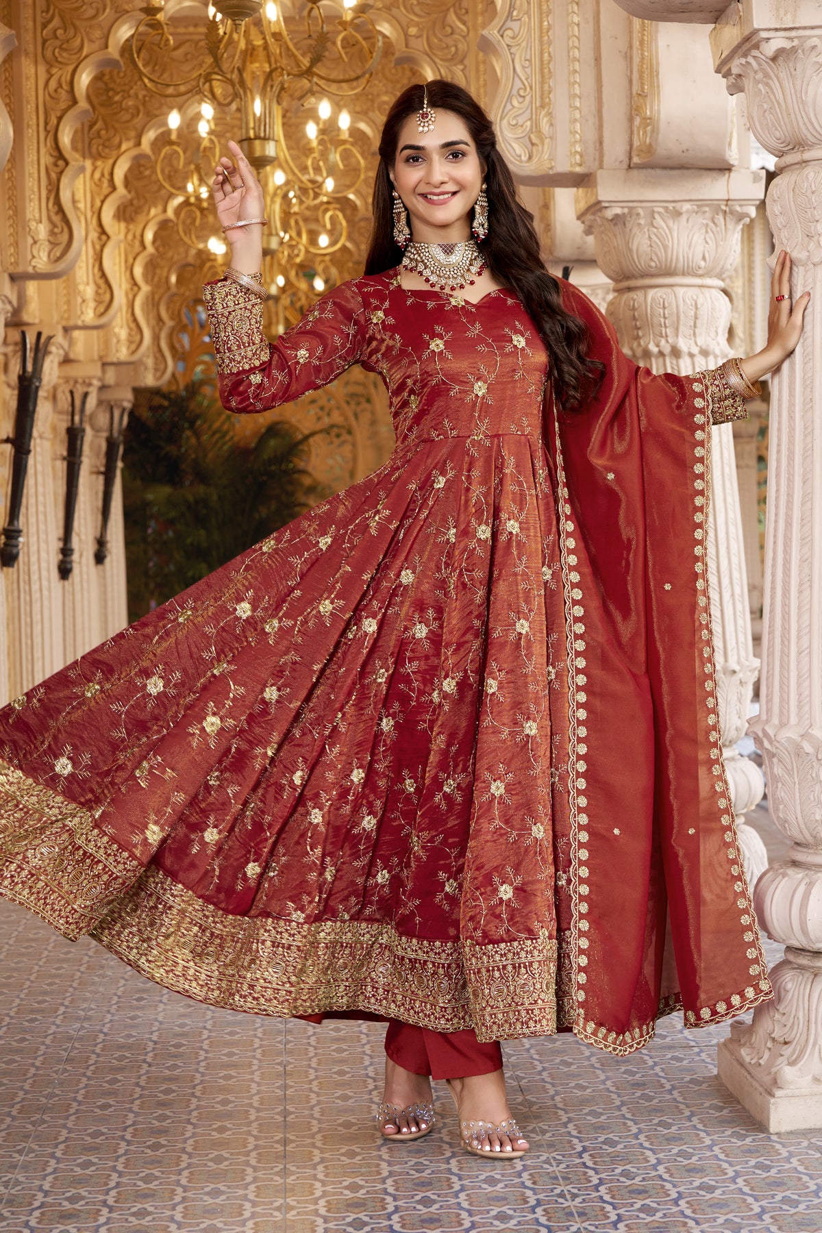 Rust Heavy Cosmos Sequin Embroidered Anarkali Suit Set