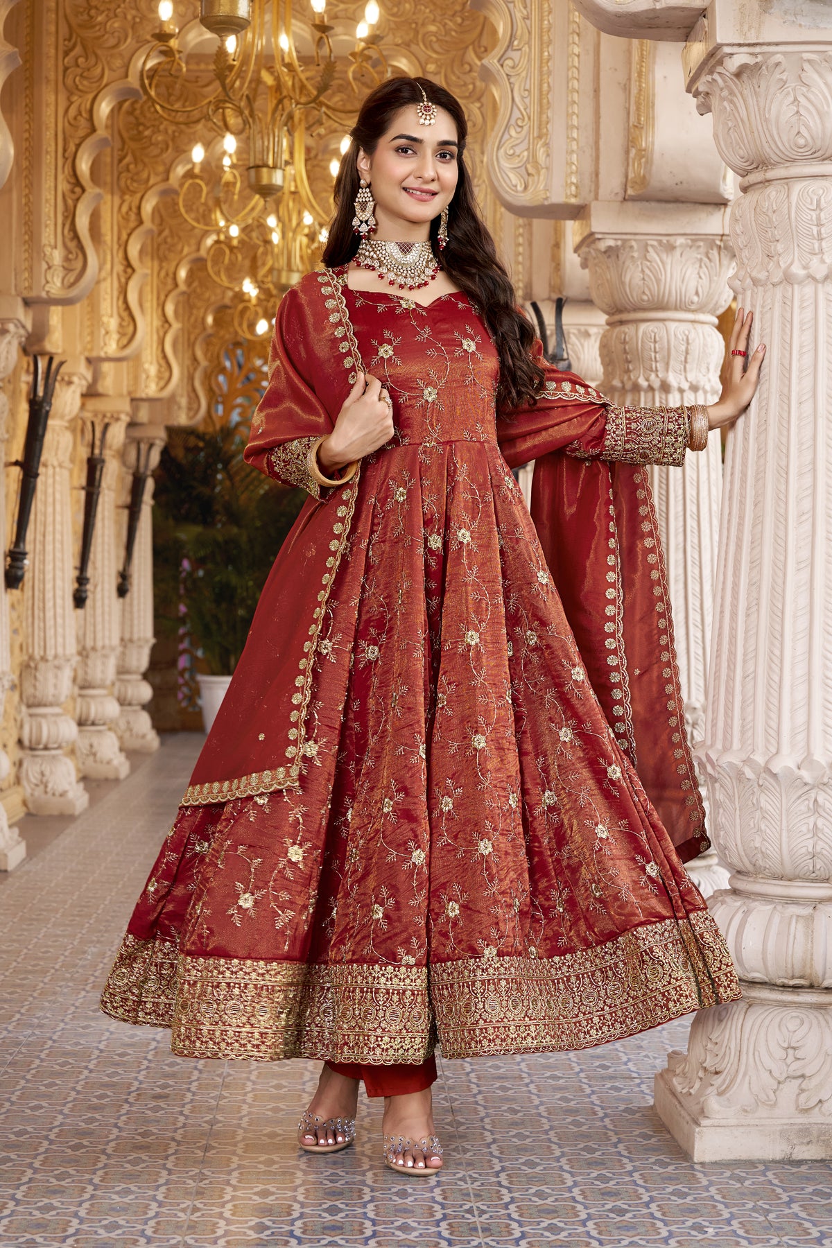 Rust Heavy Cosmos Sequin Embroidered Anarkali Suit Set