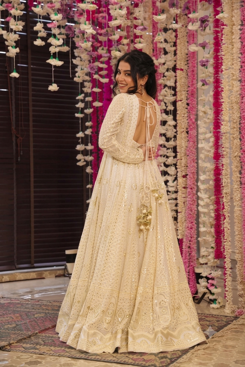 Off white anarkali back view with tie-up latkan