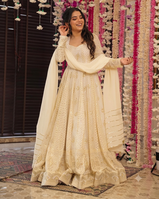 Off white sequin and thread embroidered anarkali suit with dupatta