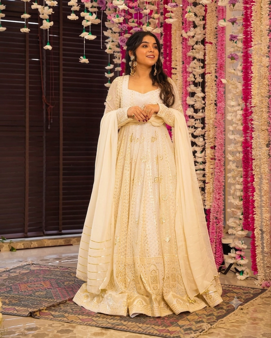 Off white anarkali suit full view