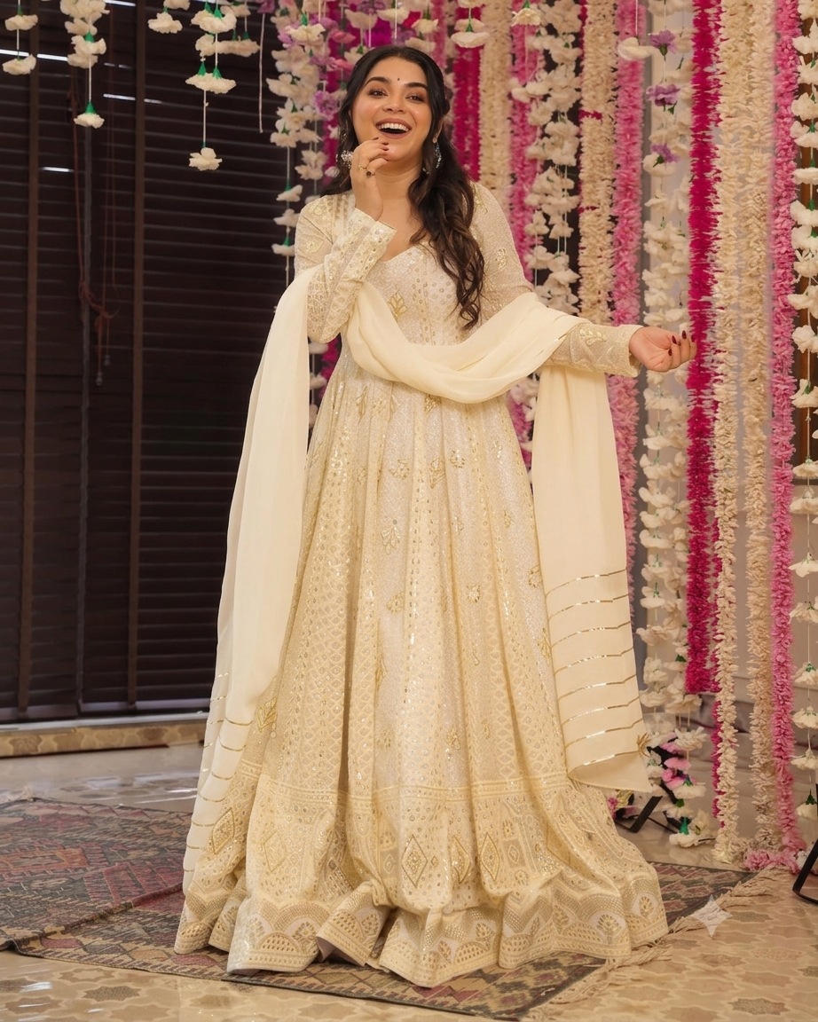 Off white anarkali with lace dupatta
