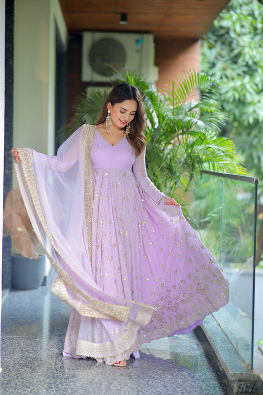Lavender sequin and zari embroidered anarkali suit with dupatta