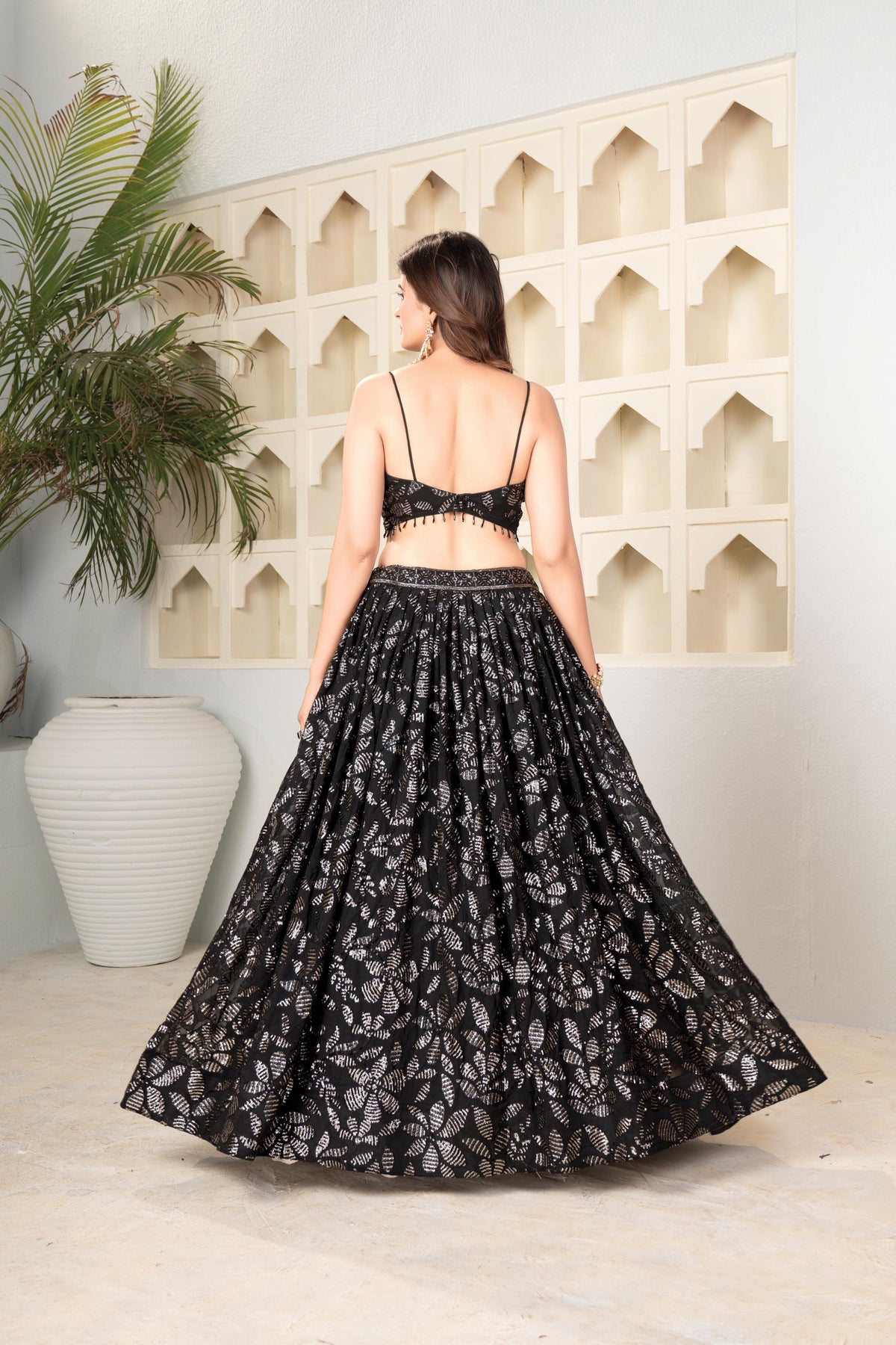Black sequin lehenga choli back view