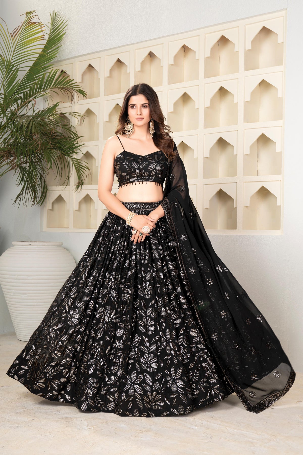 Black leaf sequin lehenga choli full view with dupatta