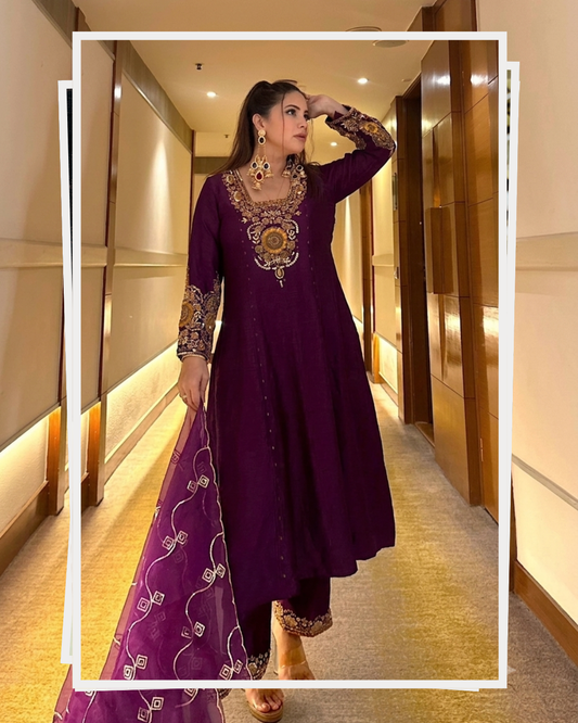 Purple Vichitra Silk Zari Embroidered Anarkali Suit Set