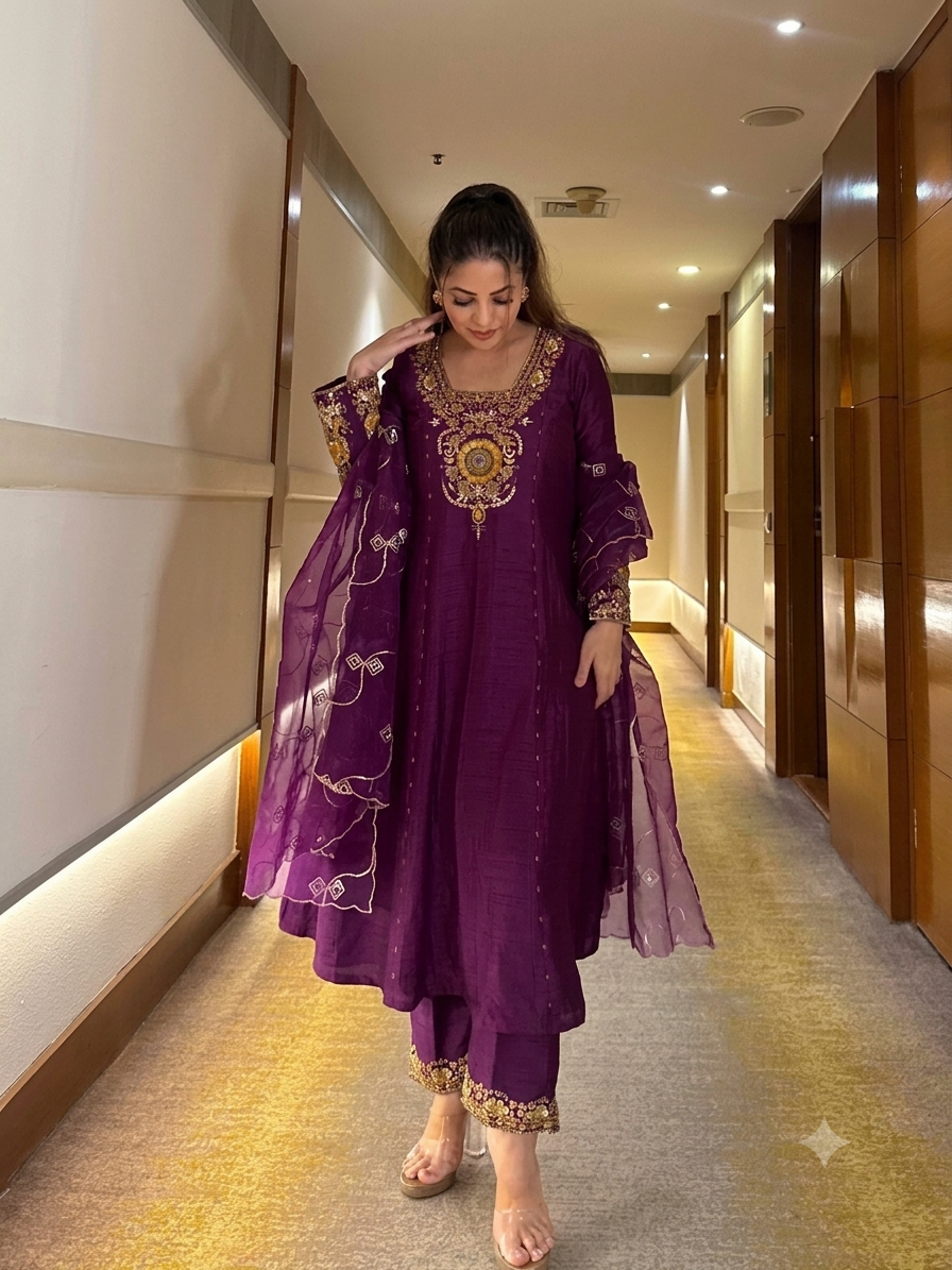 Purple Vichitra Silk Zari Embroidered Anarkali Suit Set